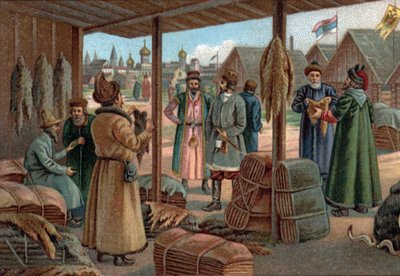 Antiguos centros comerciales: Feria de pieles en Novgorod (Veliky Novgorod), Rusia en el siglo XIX. Cromolitografía de finales del siglo XIX. de Unknown artist