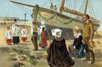 Antigua costumbre celebrada en la región de Bretaña: bautizo de un barco de pesca. Cromolitografía de finales del siglo XIX. de Unknown artist