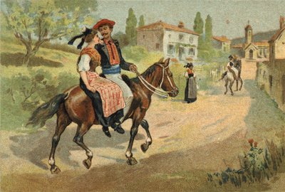 Antigua costumbre celebrada en la región de Provenza: la asamblea de los camargueses. Cromolitografía de finales del siglo XIX de Unknown artist