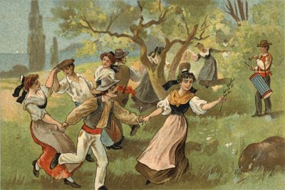Antigua costumbre celebrada en la región de Provenza: la farándula para las fiestas de la cosecha de gusanos de seda. Cromolitografía de finales del siglo XIX de Unknown artist