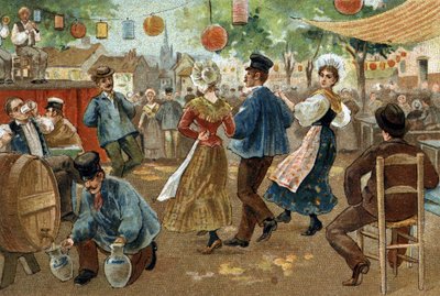 Antigua costumbre celebrada en la región de Flandes: Feria flamenca. Cromolitografía de finales del siglo XIX de Unknown artist