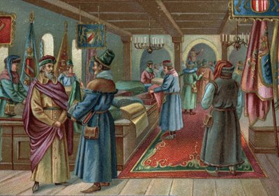 Antiguos centros comerciales: mercado de lino en Brujas, Bélgica en el siglo XV. Cromolitografía de finales del siglo XIX de Unknown artist