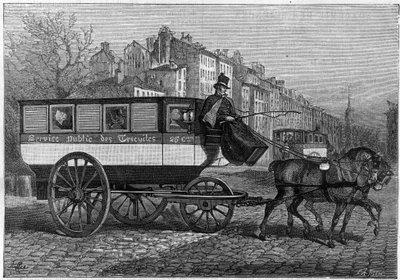 Omnibus tiene tres ruedas o triciclo en las calles de París. Grabado en "La Nature. Revue des sciences et de ses applications aux arts et a l