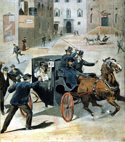 El 16 de junio de 1894, en Roma, el anarquista Paolo Lega disparó un revólver a Francesco Crispi, Presidente del Consejo Italiano. Ilustración de la época de Unknown artist