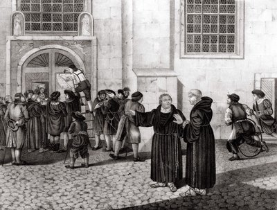 El 31/10/1517, Lutero publicó en las puertas del Castillo de Wittenberg sus 95 tesis denunciando la venta de indulgencias, lo que marcó el inicio de la Reforma - grabado. de Unknown artist