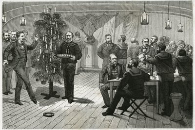 La noche de Navidad a bordo de La Vega, un barco atrapado en el hielo del círculo polar, la tripulación reemplazó el árbol de Navidad con madera flotante, pared de ramas de mimbre, decorada con papel y velas, así como varios pequeños artículos destinados a de Unknown artist