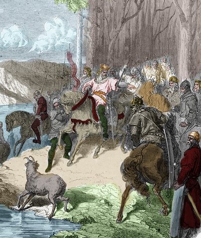 En vísperas de la Batalla de Vouillé (507) Clovis I encuentra, siguiendo a una cierva, un gue en el Viena revelado por lirios. Lleva la flor como prenda de victoria y luego la toma como su emblema. Grabado en 