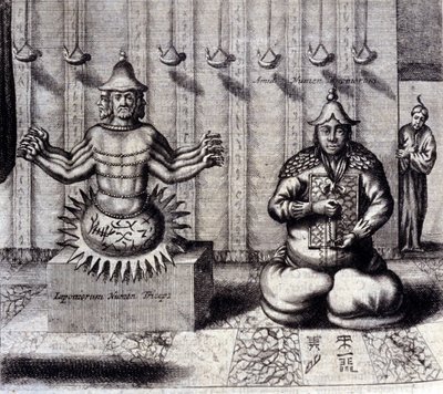A la izquierda, deidad hindú con ocho brazos, a la derecha Amida, Buda japonés. “De China Monumenta” de Athanasius Kircher (1601 - 1680), jesuita, orientalista y erudito alemán, Ámsterdam 1667. de Unknown artist