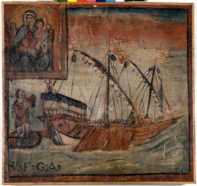 A la izquierda una antigua galera aún llevando las cadenas agradece a la Madonna dell