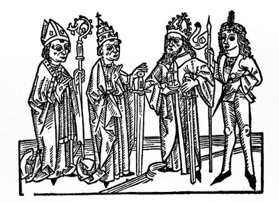 A la izquierda: el obispo, el papa, el emperador y el noble caballero. Los principales representantes de las clases sociales de la era feudal. Grabado de 