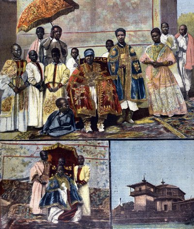 Arriba está la Emperatriz Taitou de Etiopía, esposa de Menelik II y su séquito. Abajo a la izquierda está su hija, la futura Reina Zaouditou (1876 - 1930). A la derecha, el Palacio Imperial Ghebi en Addis Abeba. Ilustración para la prensa de finales del si de Unknown artist