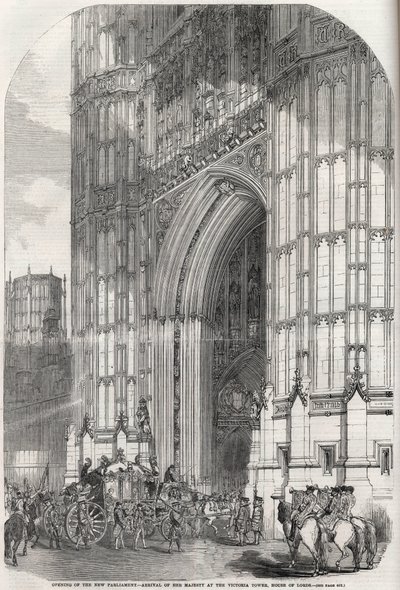 Apertura del nuevo parlamento - llegada de su majestad a la torre Victoria, Cámara de los Lores 1852 de Unknown artist