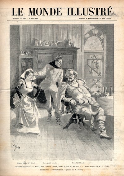 Ópera “Falstaff” de Giuseppe Verdi (1813-1901), comedia lírica en tres actos de Arrigo Boito, representada en la ópera cómica de París en 1894 con Victor Maurel, Marie Delna y Paul Fleuret (Barnolt) (1844-1900) - Portada de “Le Monde Illustré” de de Unknown artist