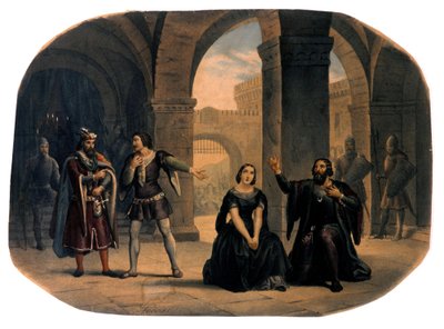 Escena de ópera "I vespri siciliani" (Las vísperas sicilianas) compuesta por Giuseppe Verdi. Cromolitografía de finales del siglo XIX de Unknown artist