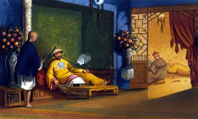 Fumería de opio en China, grabado alrededor de 1830. de Unknown artist