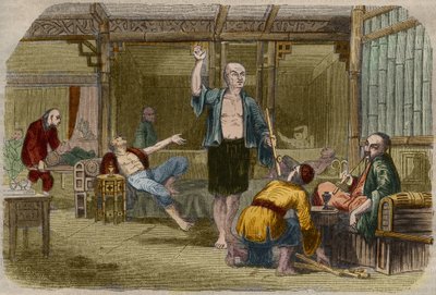 Fumadores de opio en China a mediados del siglo XIX. Grabado de 1857 en “Le Musee Des Sciences”. de Unknown artist
