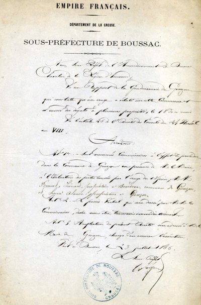 Orden de la Subprefectura de la Creuse (Arrondissement de Boussac) del 23 de julio de Unknown artist