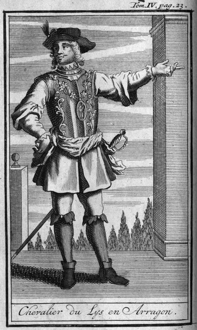 Órdenes de Caballería. Caballero de la Orden del Lirio en Aragón en el siglo XV. En "Historia de órdenes militares o caballeros, de las milicias seculares y regulares de ambos sexos, que se han establecido hasta ahora. Edición tomada de Abbe Giustiniani, R de Unknown artist