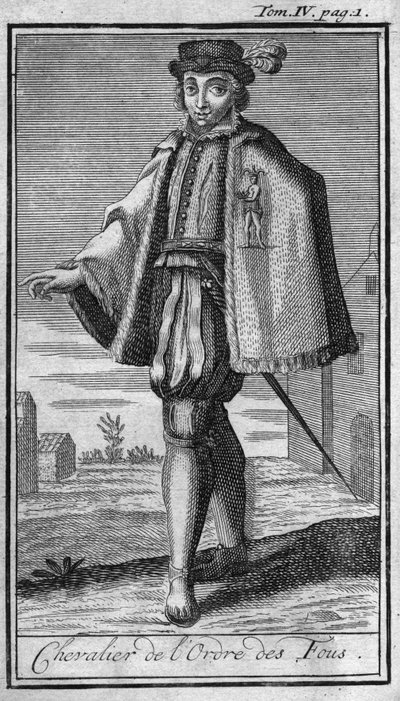 Órdenes de Caballería. Caballero de la Orden de los Locos. En "Historia de órdenes militares o caballeros, de las milicias seguras y rutinarias de ambos sexos, que se han establecido hasta ahora. Edición tomada de Abbe Giustiniani, R.P.Bonani, M. Herman, S de Unknown artist
