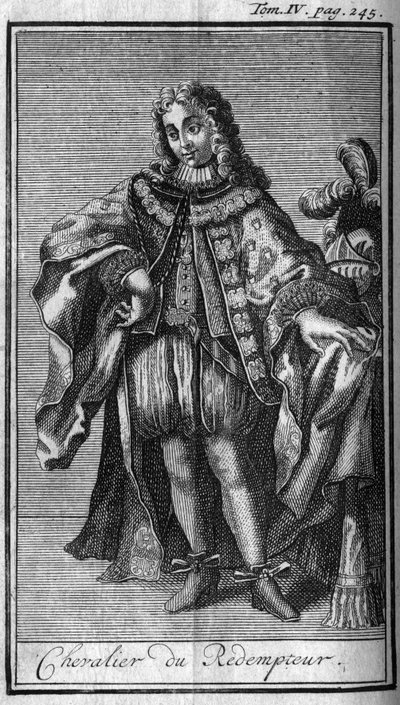 Órdenes de Caballería. Caballero del Redentor o de la preciosa sangre de Jesús en el Ducado de Mantua en el siglo XVII. En Historia de órdenes militares o caballeros, de las milicias seguras y rutinarias de ambos sexos, que se han establecido hasta ahora de Unknown artist