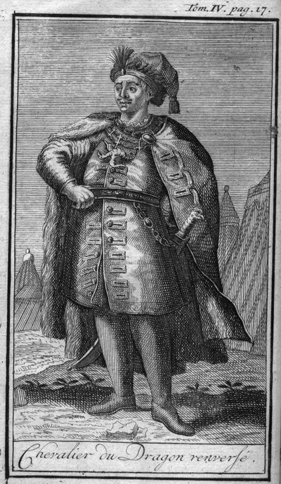 Órdenes de Caballería. Caballero del dragón voltea. En "Historia de órdenes militares o caballeros, de las milicias seguras y rutinarias de ambos sexos, que se han establecido hasta ahora. Edición tomada de Abbe Giustiniani, R.P.Bonani, M. Herman, Schooneb de Unknown artist