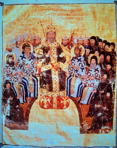 El emperador bizantino Juan VI Cantacuceno (1293-1354) presidiendo el Concilio de Constantinopla del 18/05/1351 (miniatura de 