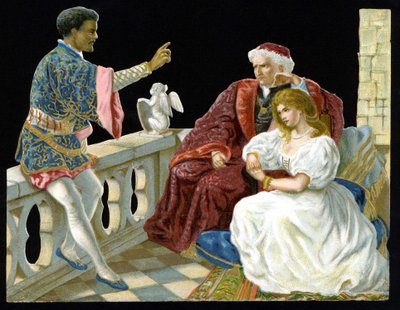 Othello, Desdémona e Iago - en Othello o el Moro de Venecia de Shakespeare (1604). de Unknown artist