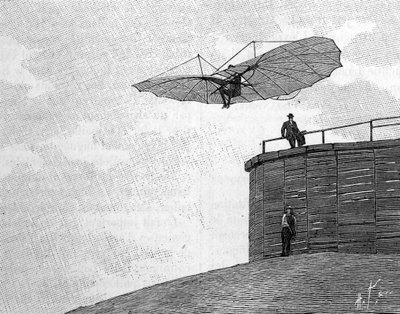 Otto Lilienthal (1848-1896), pionero de la aeronáutica alemana, saltando desde su torre de madera con su avión volador (de una fotografía instantánea). Grabado en “La Nature: revue des sciences et de leurs applications aux arts et a l