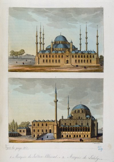 Imperio Otomano: Mezquita Azul (o Sultanahmet Camii) construida por el sultán Ahmet I y Mezquita de Laleli en Estambul - en "El traje antiguo y moderno" de Ferrario, ed. Milán de Unknown artist