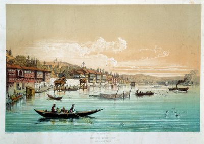 Imperio Otomano: vista del Bósforo en las cercanías de Bebek en Turquía. Escenas de pesca. Grabado del siglo XIX de Unknown artist