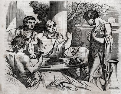 Escena de banquete al aire libre - Vitelio (Aulo Vitelio Germánico Emperador Augusto) emperador romano (15-69) dando un banquete - grabado en “La Salud Universal - Guía Médica para Familias” 1852. de Unknown artist