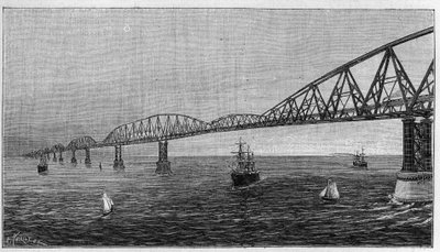 Vista general del Puente sobre el Canal, proyecto de un puente que cruza el Canal para conectar Francia con Inglaterra. Grabado en "La Nature. Revue des sciences et de ses aplicaciones aux arts et a l