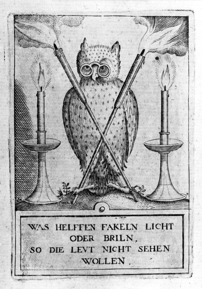 Búho con gafas, símbolo de sabiduría. Grabado del “Amphitheatrum sapientiae aeternae” (Anfiteatro de la sabiduría eterna) (Hamburgo: n.n.) de Unknown artist