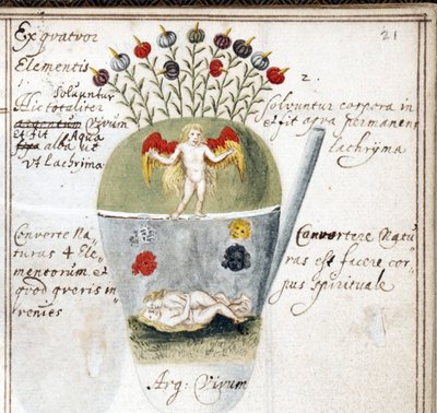 Página de un cuaderno de alquimia, una pareja y un ángel - Obra de Johann Grasshoff (Grasshof o Grasse) (1560-1623), acuarela sobre pergamino (14,6x10 cm), hacia 1620 - (Cuaderno de alquimia, Acuarela sobre pergamino de J. Grasshoff , c.1620) - Universidad de Unknown artist