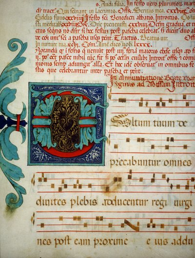 Página iluminada con un códice de cantos gregorianos de Unknown artist
