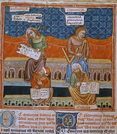 Página de un manuscrito que representa las alegorías de la Aritmética y la geometría (manunscrito) de Unknown artist