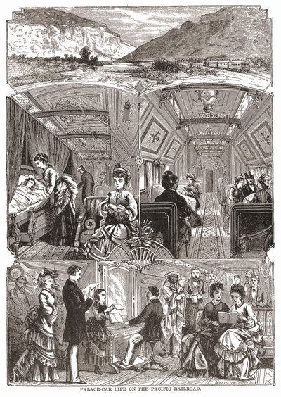Vida en el vagón-palacio en el Ferrocarril del Pacífico, grabado s. XIX. de Unknown artist