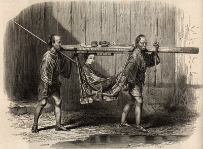 Palanquín al uso de la gente, abierto, el usuario coloca sus pertenencias en el techo antes de instalarse para hacer su viaje. Grabado para ilustrar el viaje a Japón en 1863-1864, por Aime Humbert, ministro de la Confederación Suiza, en "Le tour du monde" de Unknown artist