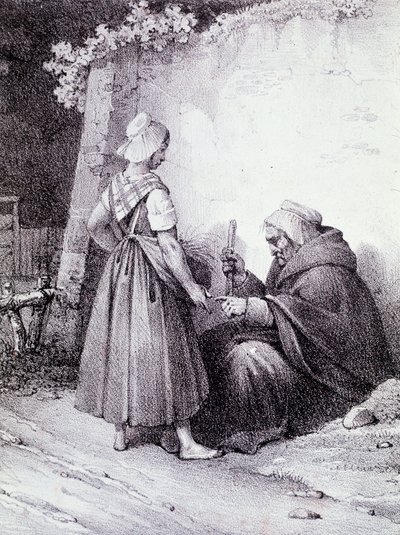 Quiromancia: una vieja adivina lee la mano de una joven (Grabado) de Unknown artist