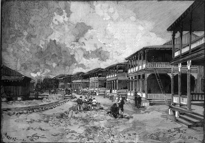 Canal de Panamá. Calle de la nueva ciudad de Cristóbal Colón en Colón: viviendas de los trabajadores. Grabado en "Le Monde Illustré" de Unknown artist