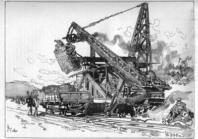 Obras del Canal de Panamá. Máquinas principales: excavadora Osgood. Grabado en "Le Monde Illustré" de Unknown artist