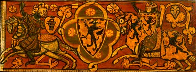 Panel que representa una pelea entre un caballero cristiano y un caballero musulmán - Panel de techo con una pelea entre un caballero cristiano y un musulmán - Anónimo - c. 1300 - Témpera sobre tabla - 24,2x66,3 - Museu Nacional d