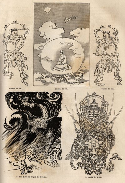 Panteón de deidades japonesas, representación tradicional de algunas figuras típicas: la reina del cielo flanqueada por dos guardias; el Maki Tats, dragón del tifón y el jefe de armas. Grabado para ilustrar el viaje a Japón en 1863-1864, por Aime Humbert,  de Unknown artist