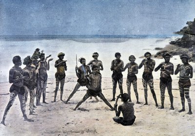 Danza papúa en la playa junto al pueblo Karapuna (Nueva Guinea) de Unknown artist