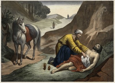 Parábola del Buen Samaritano: el samaritano se detuvo en su camino para rescatar al hombre moribundo. Grabado anónimo de mediados del siglo XIX de Unknown artist