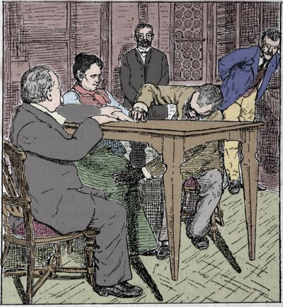 Fenómenos paranormales: experiencia de levitación de una mesa en Milán en 1892 en presencia del médium Eusapia Paladino y Cesare Lombroso (1835-1909) y Charles Richet (1835-1909). de Unknown artist