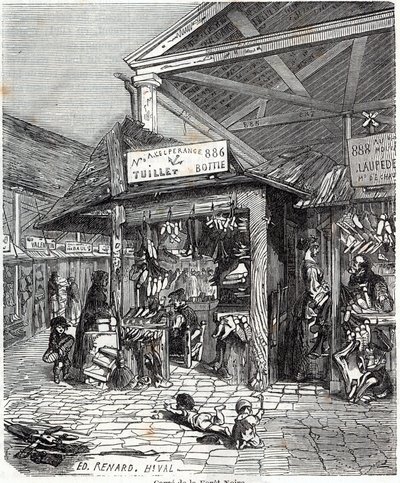 París 3er arrondissement - Carre de la Foret-Noire: venta de cuero y zapatos en Le Carreau du Temple en el siglo XIX - Grabado en “Tableau-de-Paris” de Edmond Texier de Unknown artist