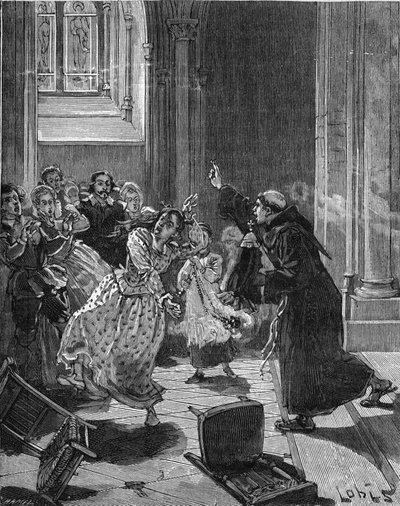 París, Iglesia Sainte Genevieve (1599): un monje capuchino tratando de exorcizar a una mujer, Martha, que afirma estar poseída por el Diablo. Grabado del siglo XIX. En “Histoire de France” de Jules Michelet de Unknown artist