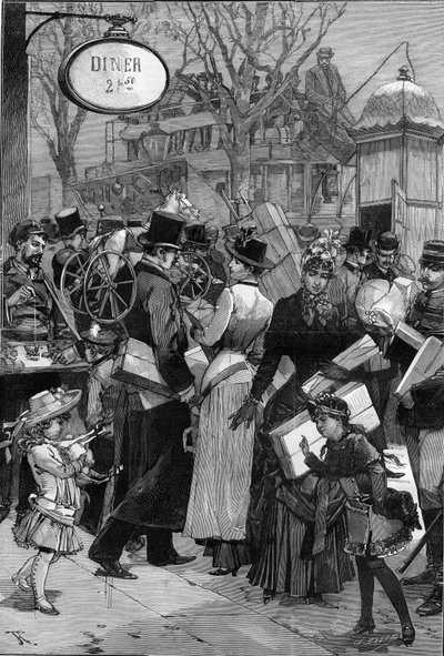 París: Semana del Paquete: parisinos comprando y comprando juguetes para regalos de Navidad. Grabado en "Le Monde Illustré" de Unknown artist