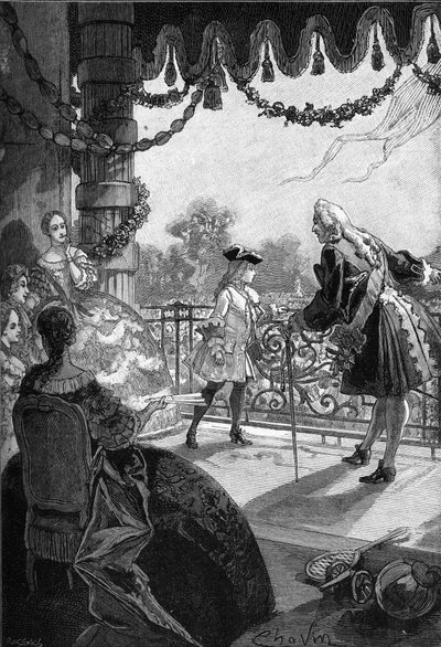 París, las Tullerías (1721): Rey de Francia Luis XV (1710 - 1774) mostrándose en el balcón de las Tullerías. Grabado del siglo XIX. En Histoire de France de Jules Michelet de Unknown artist